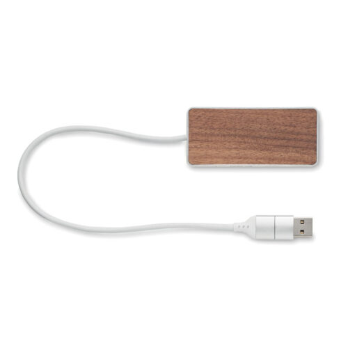 Hub USB de madera de nogal y aluminio reciclado con 4 puertos y diseño premium