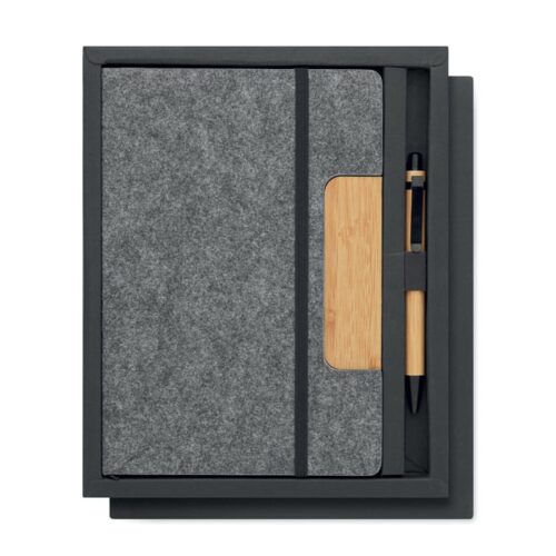 Libreta con soporte para celular hecha de fieltro RPET y bambú con bolígrafo ecológico incluido
