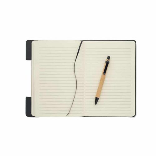Libreta con soporte para celular hecha de fieltro RPET y bambú con bolígrafo ecológico incluido