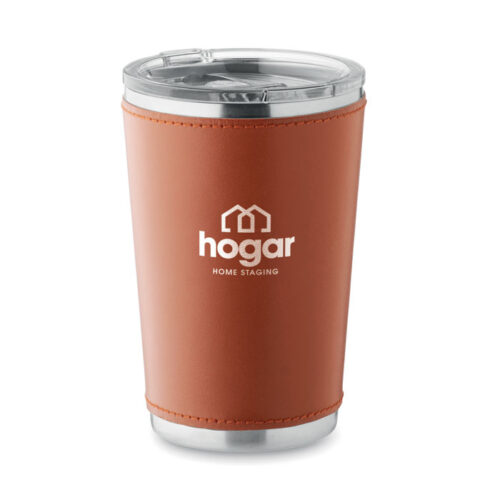 Vaso TUMLADO de acero reciclado con funda negra y tapa antifugas