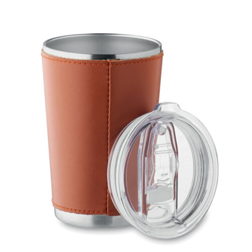 Vaso TUMLADO de acero reciclado con funda negra y tapa antifugas