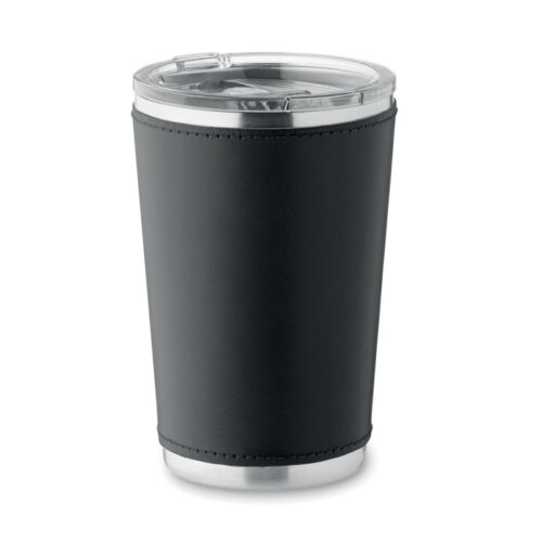 Vaso TUMLADO de acero reciclado con funda negra y tapa antifugas