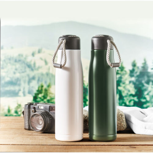 Botella térmica CORDLE de acero reciclado con tapa antifugas y asa de cordón trenzado, perfecta como botella térmica con asa de cordón promocional