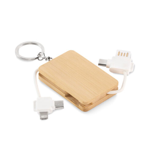 Llavero BUPOW con cable retráctil y carcasa de bambú natural