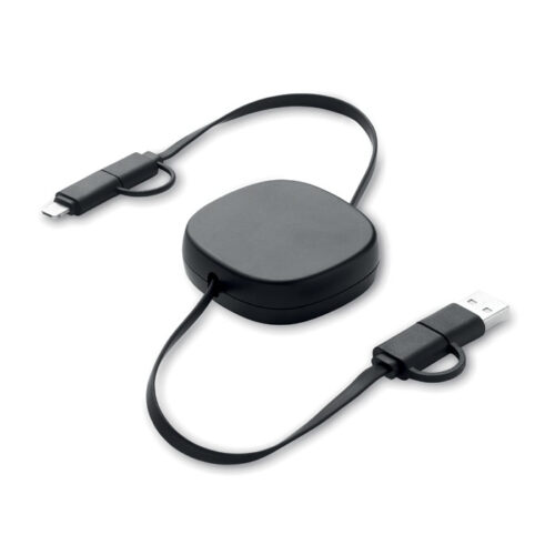 Cable de carga retráctil ecológico LINEA con carcasa de ABS reciclado y conexiones múltiples