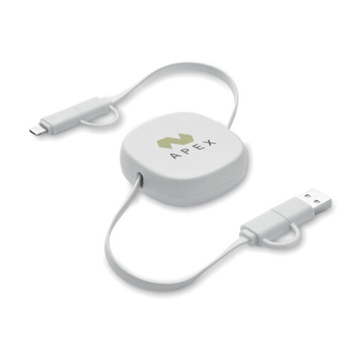 Cable de carga retráctil ecológico LINEA con carcasa de ABS reciclado y conexiones múltiples