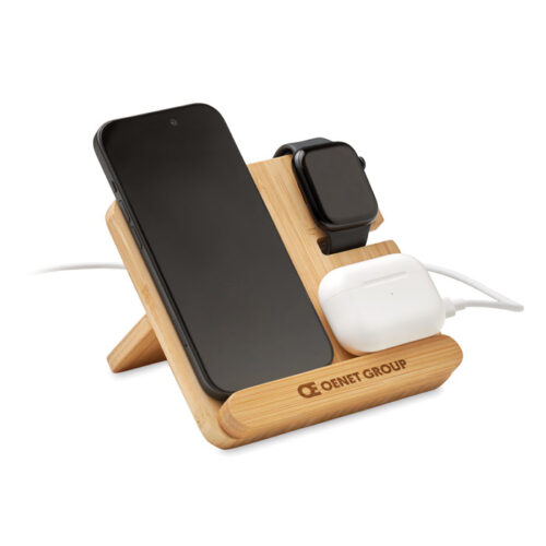 Cargador inalámbrico bambú con base 3 en 1 para dispositivos
