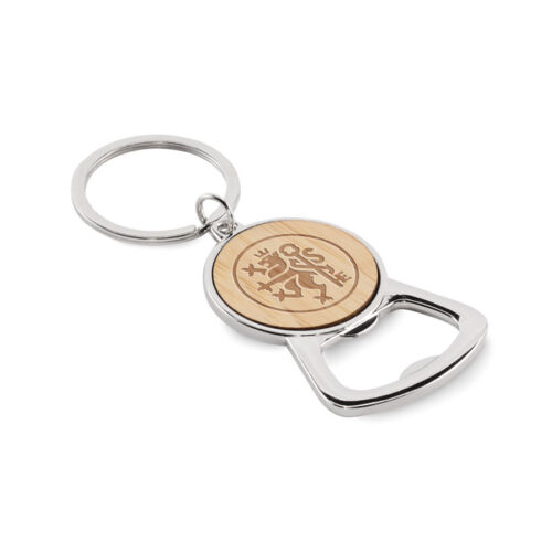Llavero destapador de bambú KEYPOP con diseño metálico y anilla resistente