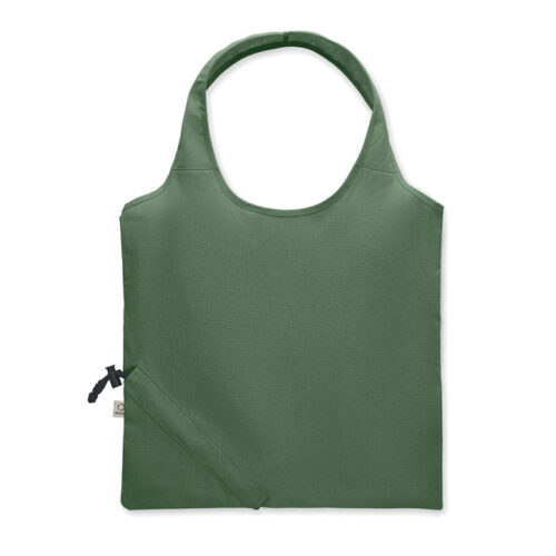 Bolsa plegable ecológica CARRIE fabricada en algodón reciclado y RPET, con diseño compacto y sistema de almacenamiento en su propio bolsillo