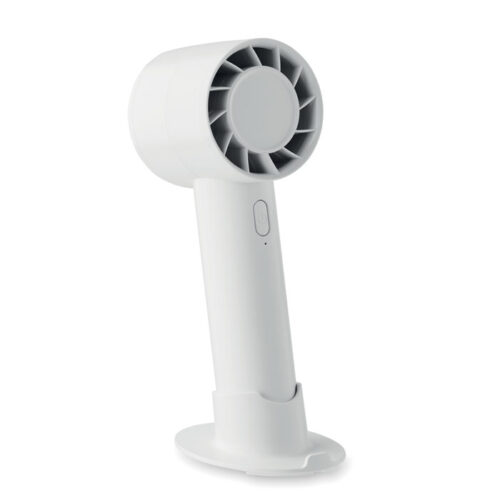 Ventilador portátil con soporte para teléfono blanco, con base de escritorio y batería recargable