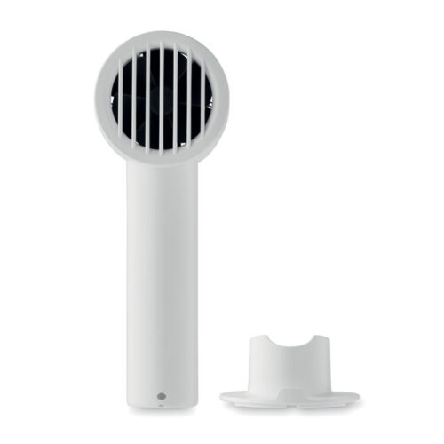 Ventilador portátil con soporte para teléfono blanco, con base de escritorio y batería recargable