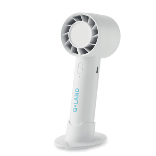 Ventilador portátil con soporte para teléfono blanco, con base de escritorio y batería recargable