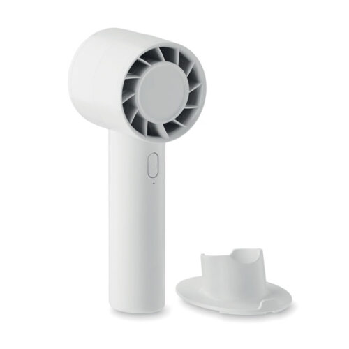 Ventilador portátil con soporte para teléfono blanco, con base de escritorio y batería recargable