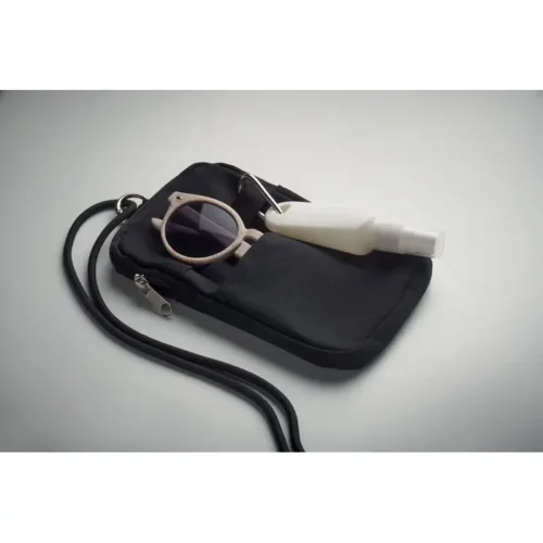 Mobibolsa ecológica personalizada con cordón ajustable y bolsillo frontal.