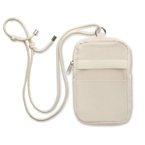 Mobibolsa ecológica personalizada con cordón ajustable y bolsillo frontal.