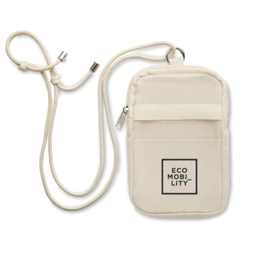 Mobibolsa ecológica personalizada con cordón ajustable y bolsillo frontal.