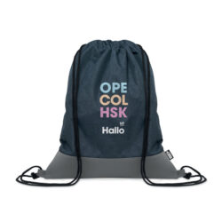 Bolso ecológico personalizado tipo saco en poliéster reciclado RPET con base de PU y cuerdas resistentes