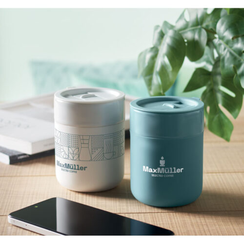 Vaso cerámico con funda de silicona y tapa QERAM de 330 ml reutilizable