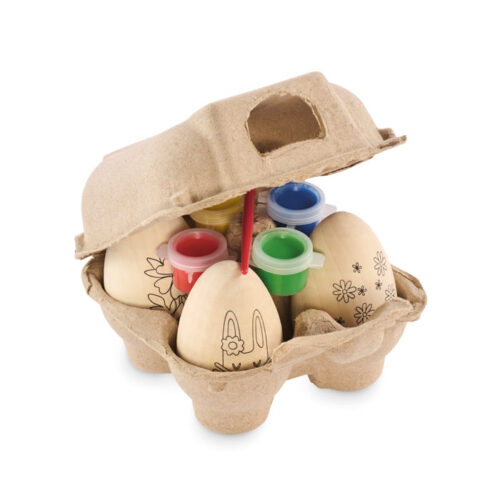 Set de pintura ecológico EISET con huevos de madera y acuarelas en huevera reciclada