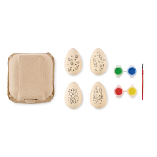 Set de pintura ecológico EISET con huevos de madera y acuarelas en huevera reciclada