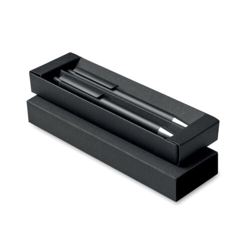 Set de bolígrafos ecológicos ORWELL con tinta azul y grafito sin tinta, fabricados en aluminio reciclado con estuche de papel reciclado personalizable.