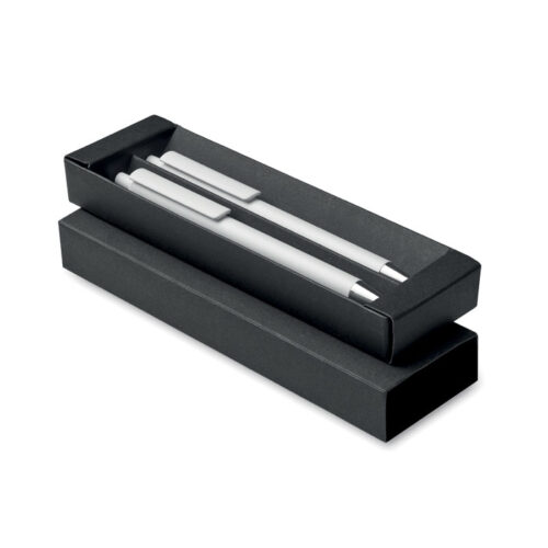 Set de bolígrafos ecológicos ORWELL con tinta azul y grafito sin tinta, fabricados en aluminio reciclado con estuche de papel reciclado personalizable.