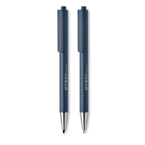 Set de bolígrafos ecológicos ORWELL con tinta azul y grafito sin tinta, fabricados en aluminio reciclado con estuche de papel reciclado personalizable.