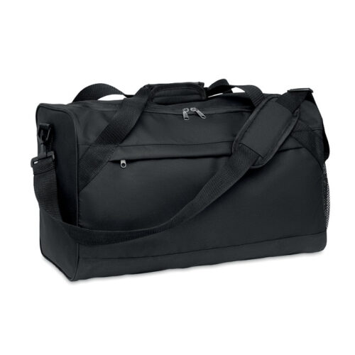 Bolso deportivo Terra+ fabricado en poliéster reciclado RPET, con compartimento amplio, bolsillo frontal y correa ajustable, ideal para personalización sostenible