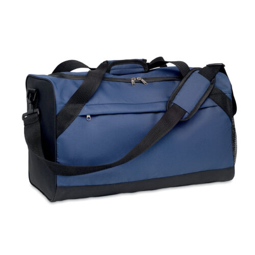 Bolso deportivo Terra+ fabricado en poliéster reciclado RPET, con compartimento amplio, bolsillo frontal y correa ajustable, ideal para personalización sostenible