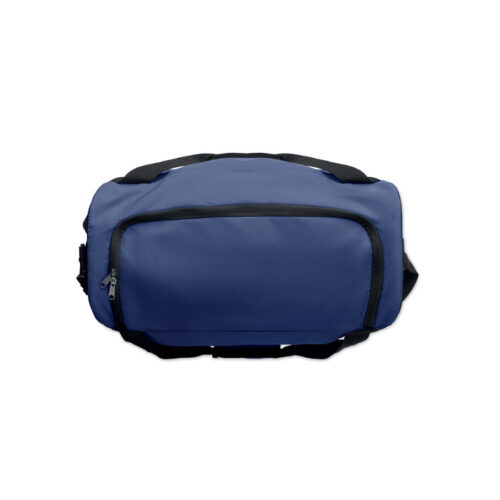 Bolso deportivo Terra+ fabricado en poliéster reciclado RPET, con compartimento amplio, bolsillo frontal y correa ajustable, ideal para personalización sostenible