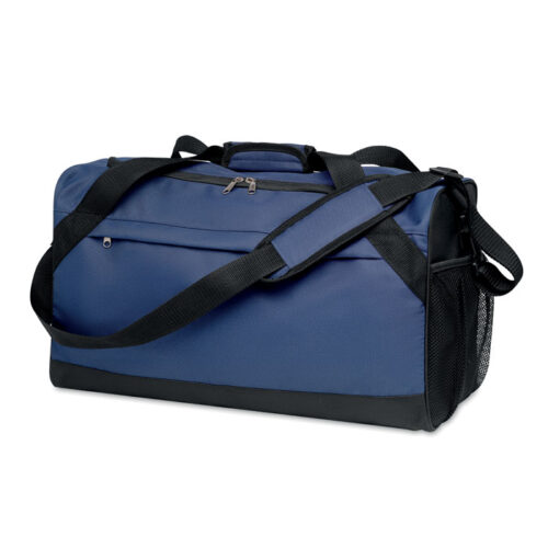 Bolso deportivo Terra+ fabricado en poliéster reciclado RPET, con compartimento amplio, bolsillo frontal y correa ajustable, ideal para personalización sostenible