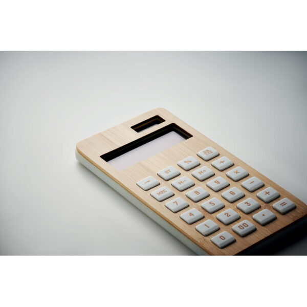 Calculadora ecológica de bambú CALCUBIM con pantalla de 12 dígitos, teclas blancas y cuerpo de ABS, ideal para escritorio