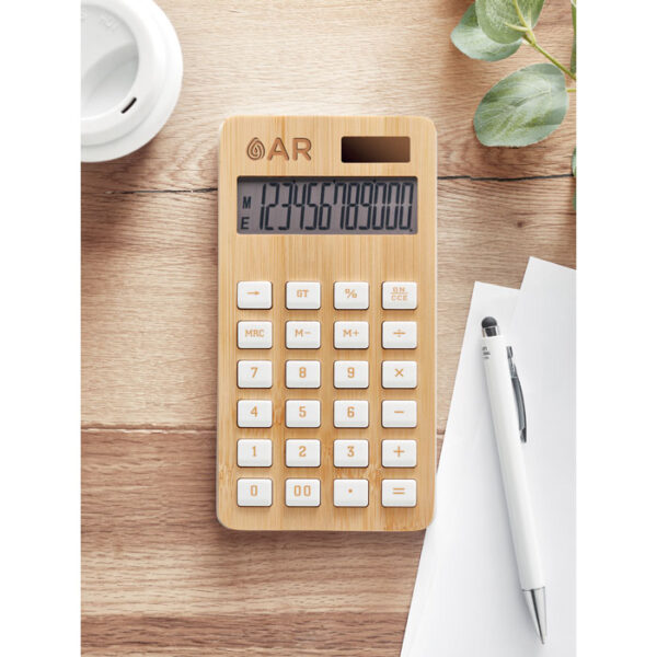 Calculadora ecológica de bambú CALCUBIM con pantalla de 12 dígitos, teclas blancas y cuerpo de ABS, ideal para escritorio