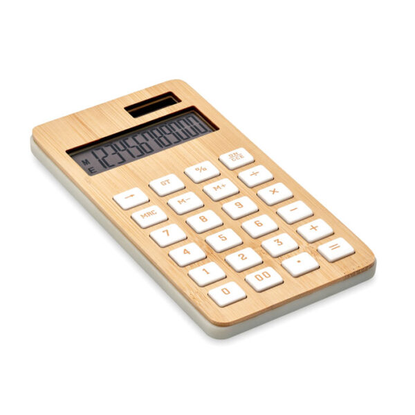 Calculadora ecológica de bambú CALCUBIM con pantalla de 12 dígitos, teclas blancas y cuerpo de ABS, ideal para escritorio