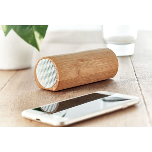 Altavoz STÉREO de bambú natural con diseño cilíndrico y doble salida de sonido