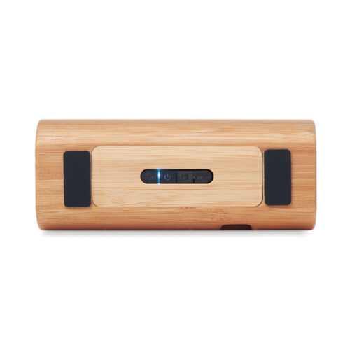 Altavoz STÉREO de bambú natural con diseño cilíndrico y doble salida de sonido
