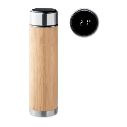 Termo de bambú con termómetro personalizado y tapa LED táctil