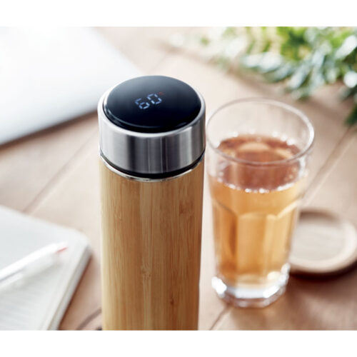 Termo de bambú con termómetro personalizado y tapa LED táctil