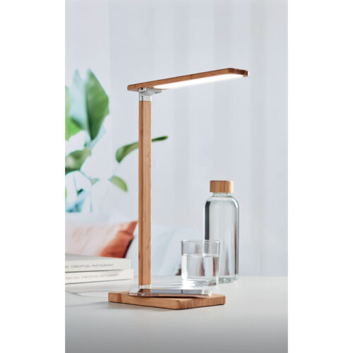 Lámpara plegable con cargador inalámbrico y base de bambú natural para escritorio