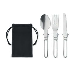 Set de cubiertos de acero inoxidable reutilizables con bolsa RPET negra