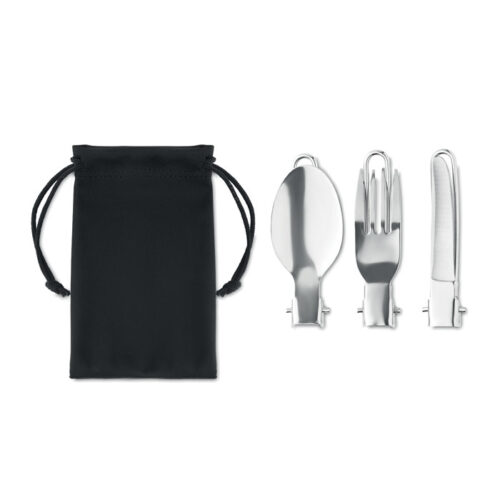 Set de cubiertos de acero inoxidable reutilizables con bolsa RPET negra