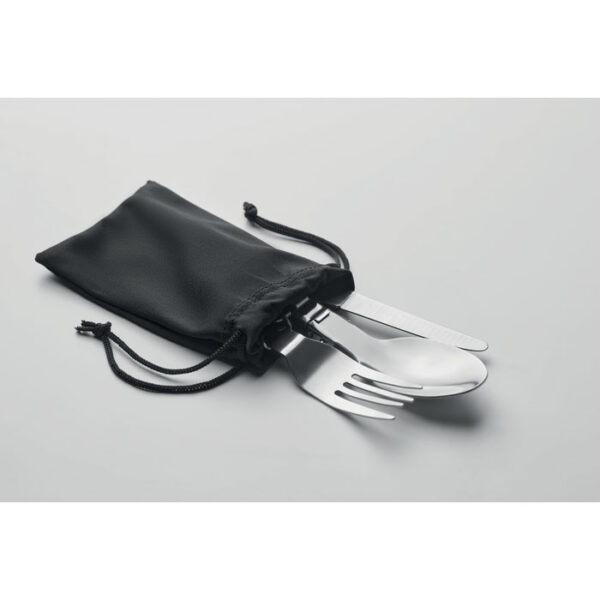Set de cubiertos de acero inoxidable reutilizables con bolsa RPET negra