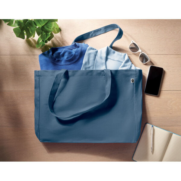 Bolso de compras reciclado COLOURED de canvas con asas largas y fuelle, ideal para ferias, tiendas eco y campañas promocionales sostenibles