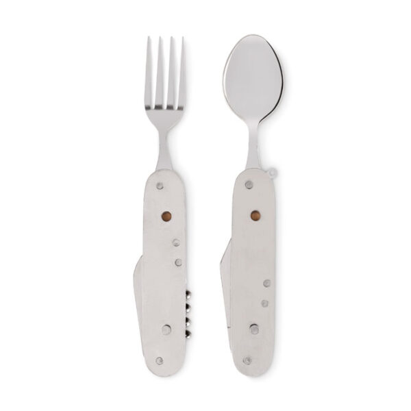 Set de cubiertos plegables SUBETE con mango de madera natural y funciones integradas para camping y outdoor