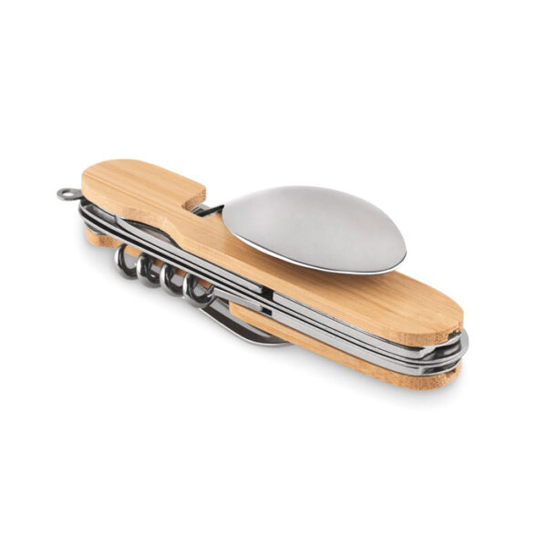 Set de cubiertos plegables SUBETE con mango de madera natural y funciones integradas para camping y outdoor