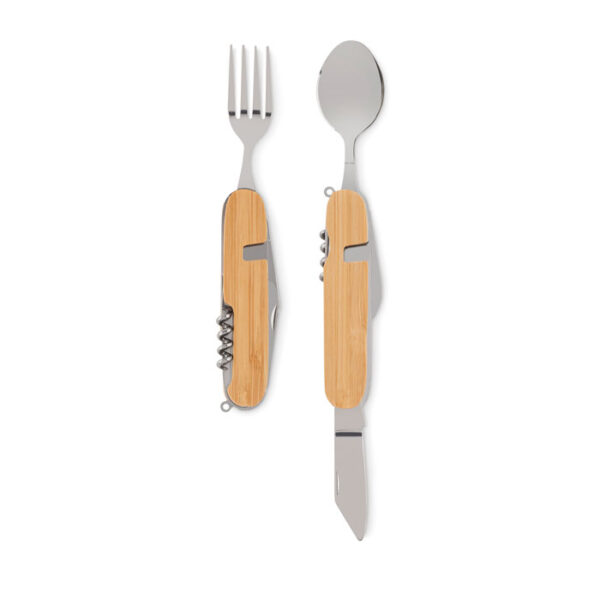 Set de cubiertos plegables SUBETE con mango de madera natural y funciones integradas para camping y outdoor