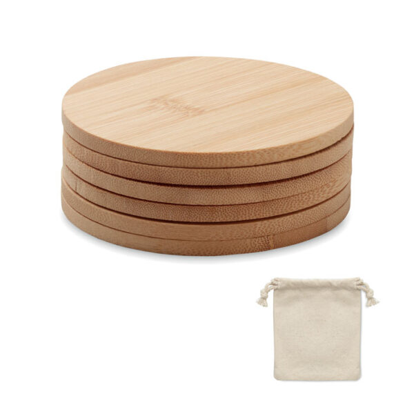 Juego de posavasos ecológicos de bambú con bolsa de algodón personalizada