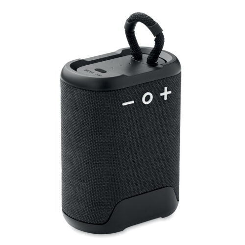 Altavoz portátil ecológico RAMAS con botones visibles y asa