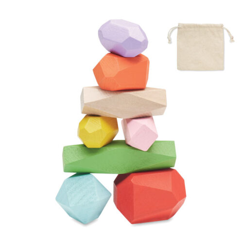 Juego de equilibrio de madera PISA con bloques irregulares y bolsa de algodón natural