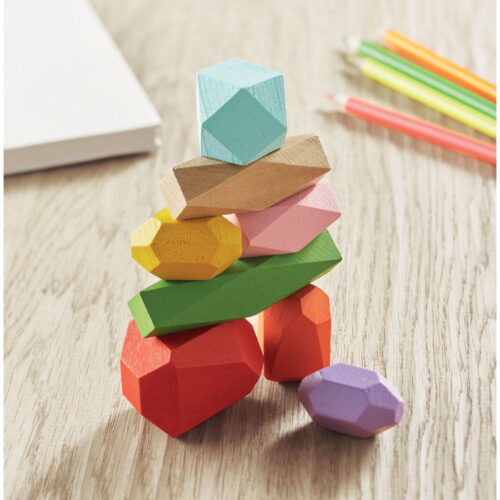 Juego de equilibrio de madera PISA con bloques irregulares y bolsa de algodón natural